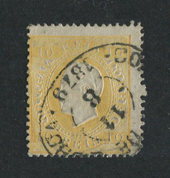 1870/6 - Afinsa nº 37C. D. Luis I, fita direita.Selo de 10 reis usado. Papel liso, denteado 13 1/2. Canto curto.