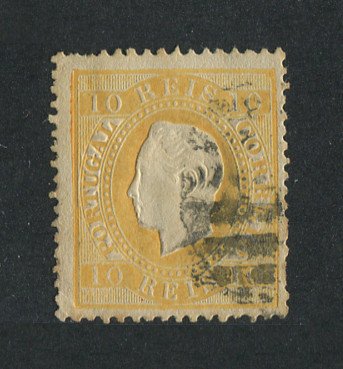 1870/6 - Afinsa nº 37C. D. Luis I, fita direita.Selo de 10 reis usado. Papel liso, denteado 13 1/2. Denteado irregular.