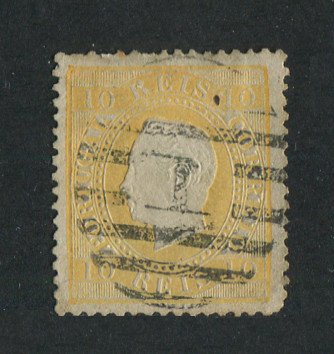 1870/6 - Afinsa nº 37C. D. Luis I, fita direita.Selo de 10 reis usado. Papel liso, denteado 13 1/2. Canto curto.