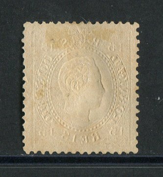 1870/6 - Afinsa nº 38E. D. Luis I, fita direita. Selo de 15 reis usado. Papel porcelana, denteado 12 1/2. Em boas condições.